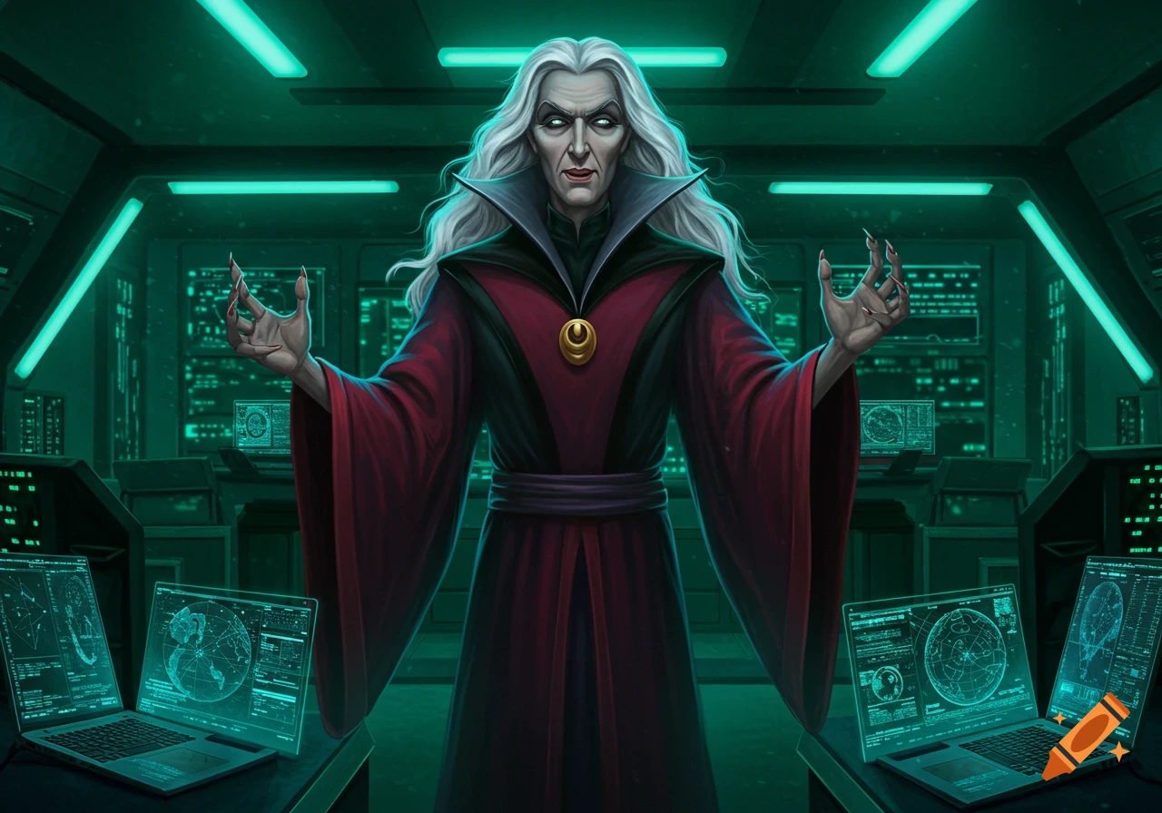 An ominous white-haired witch-like villain in a red robe with clawed hands stands in a glowing green futuristic control room.