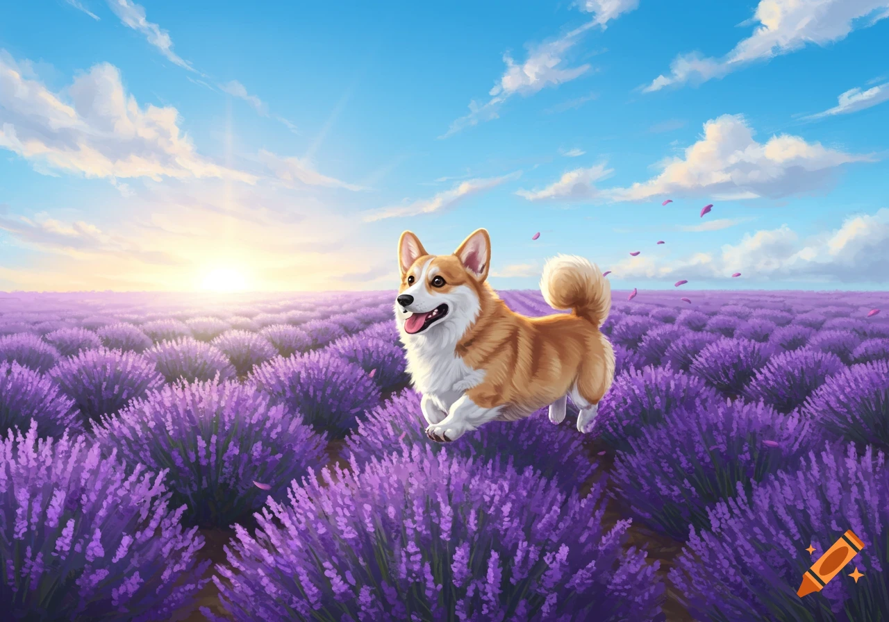 A happy, cartoon corgi runs through a vibrant purple lavender field at sunset.