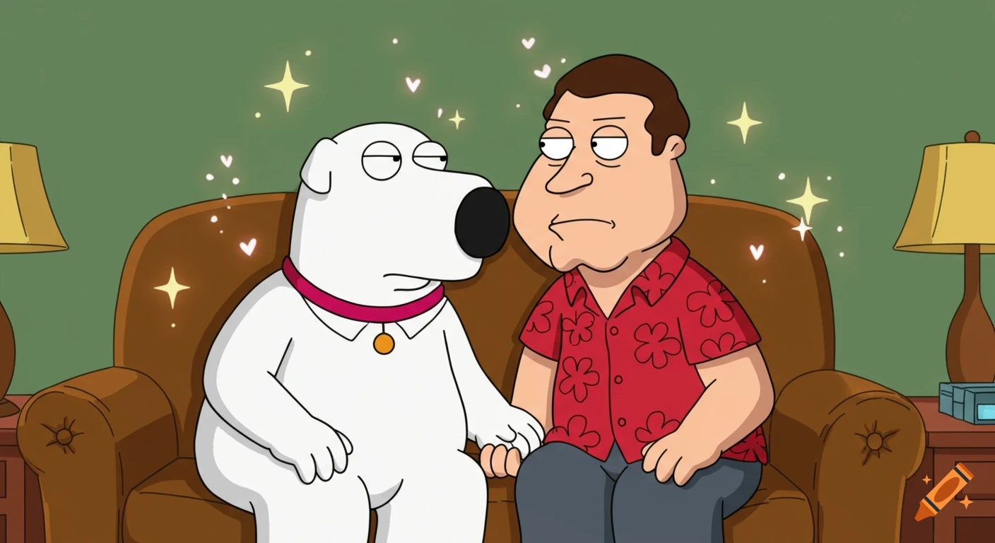 Brian Griffin and Glenn Quagmire from Family Guy sitting on a couch, holding hands, with romantic sparkles, in 2D cartoon style.