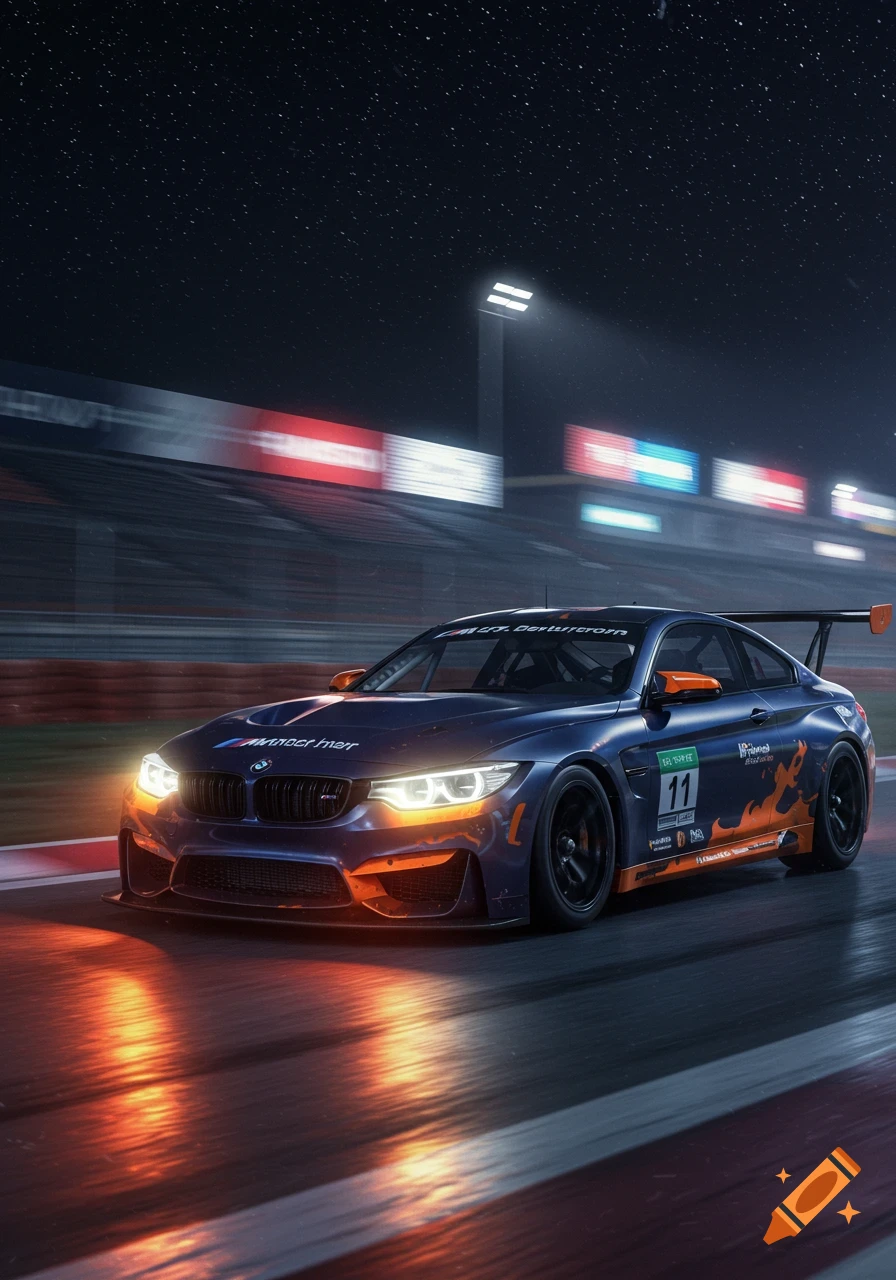 A dark blue BMW M4 GT3 race car with orange flames and number 11 on the side, speeding on a wet track at night with bright headlights.