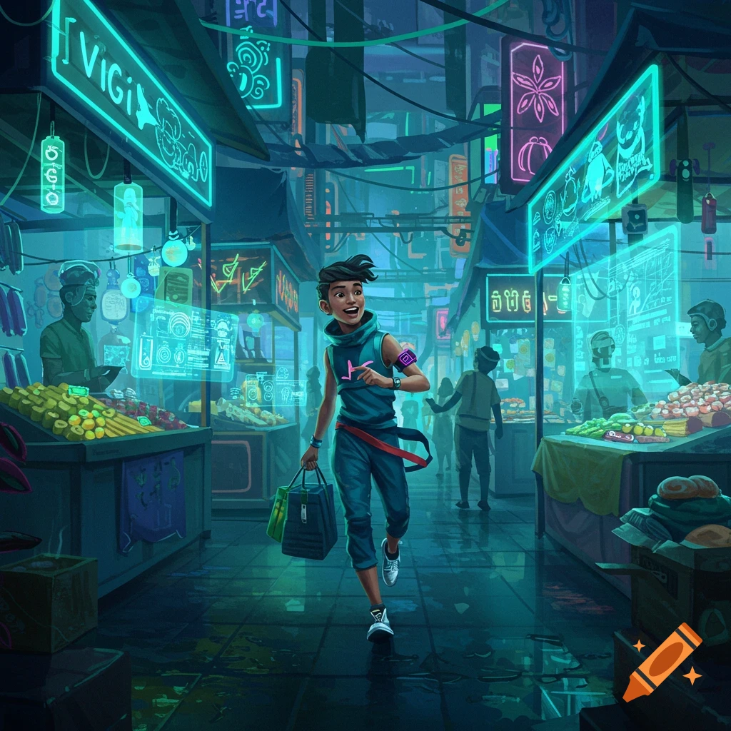 A smiling boy with a shopping bag runs through a vibrant, neon-lit cyberpunk market at night, surrounded by holographic displays and futuristic stalls.