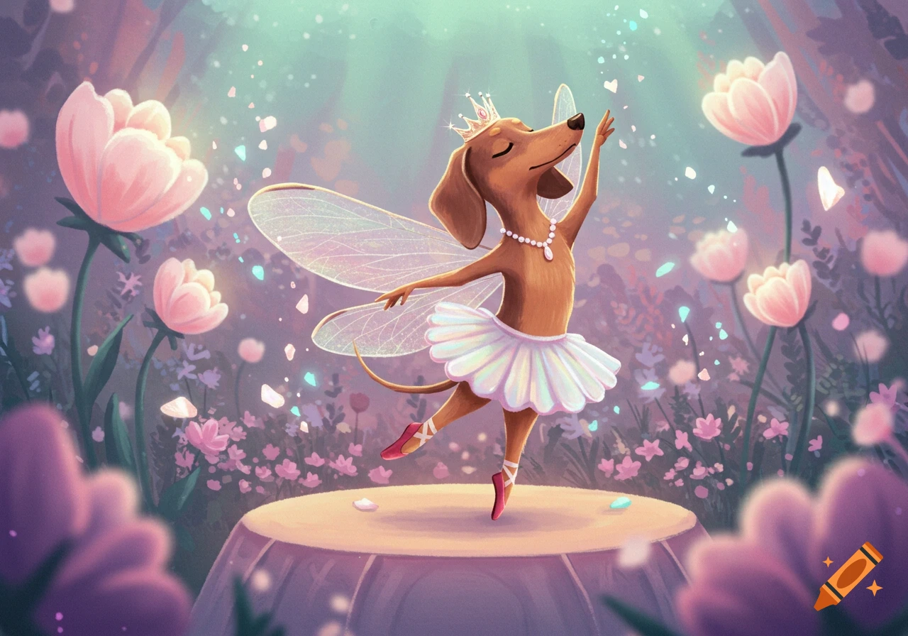 Brown dachshund fairy ballerina dances on a stage in a vibrant garden filled with pink flowers and sparkling light, cartoon style.