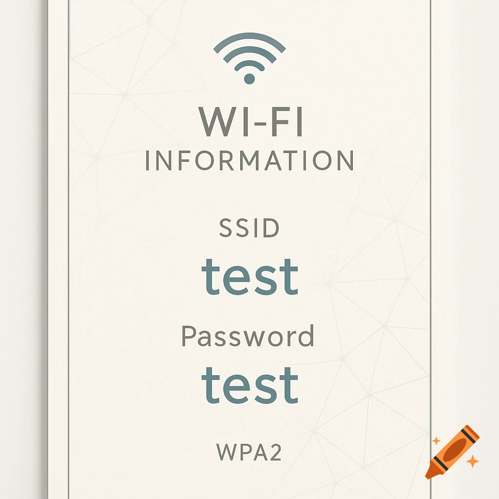 A light-colored Wi-Fi information sheet with a Wi-Fi symbol, listing 'SSID test', 'Password test', and 'WPA2'.