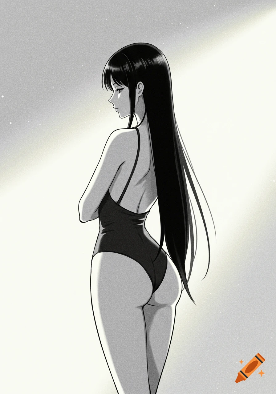 Anime woman with long black hair in a black one-piece swimsuit, viewed from behind, looking over her shoulder.