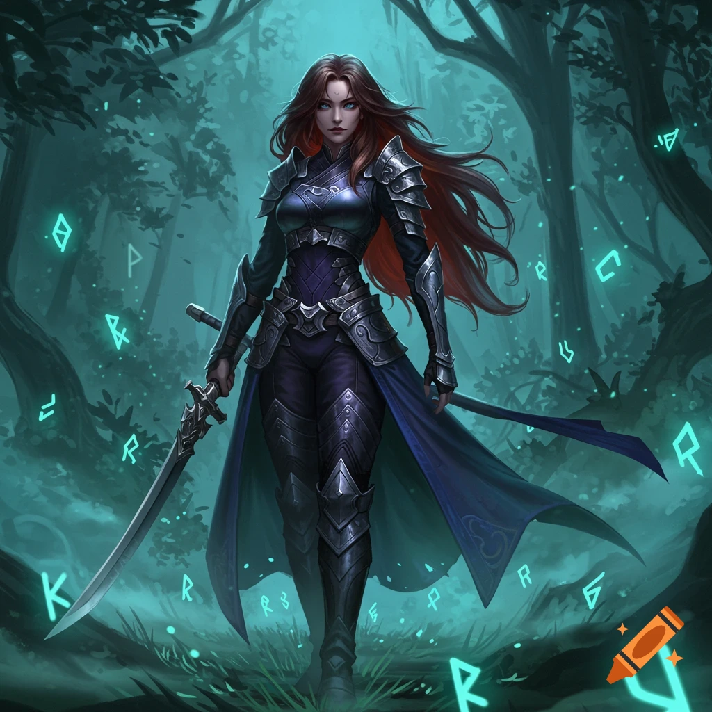 A warrior woman with long brown hair, blue eyes, and dark armor, holding a sword in a magical forest with glowing runes.