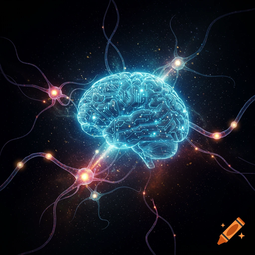 A glowing blue brain with circuit patterns connected to vibrant neural networks, set against a dark, starry background.
