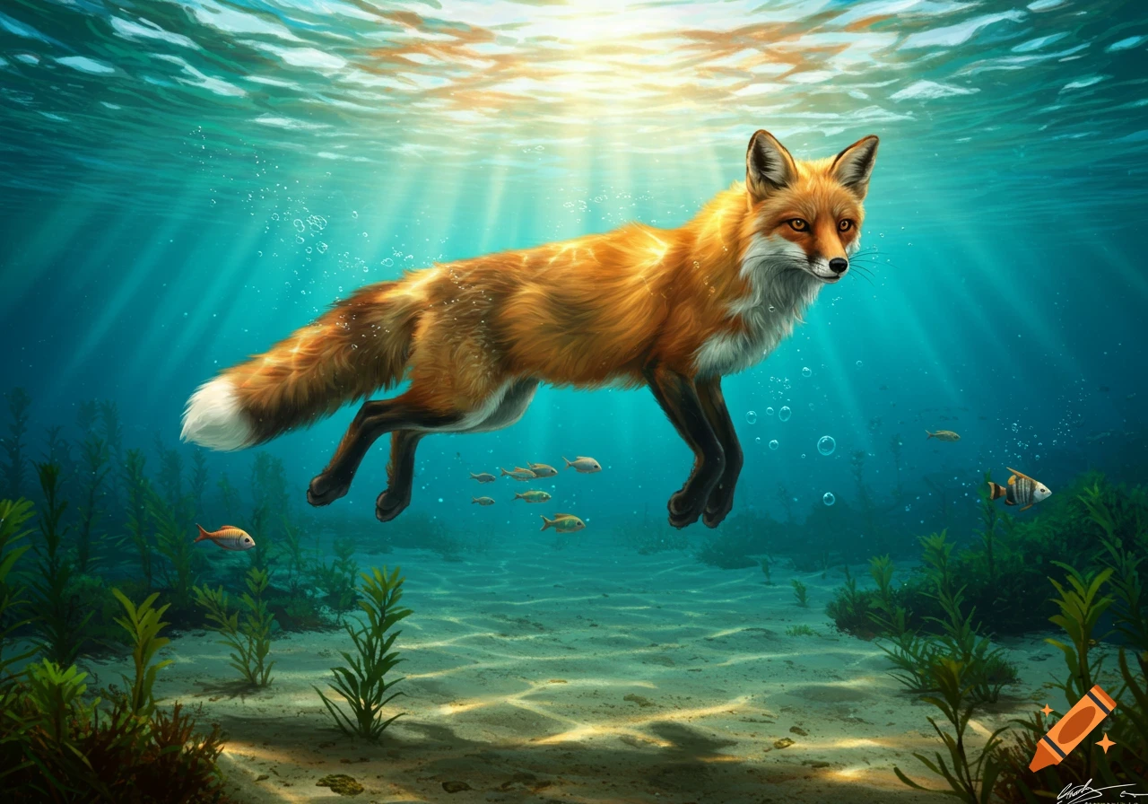 A vibrant red fox swims gracefully underwater, sun rays dappling through the blue, with small fish and green plants on the sandy bottom.