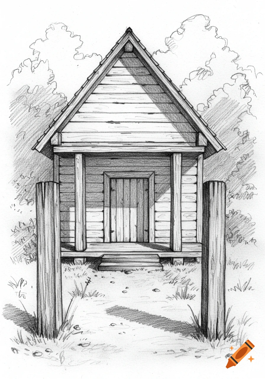 Pencil drawing of a rustic, simple house with a gabled roof, front porch, and two large wooden posts in the foreground.