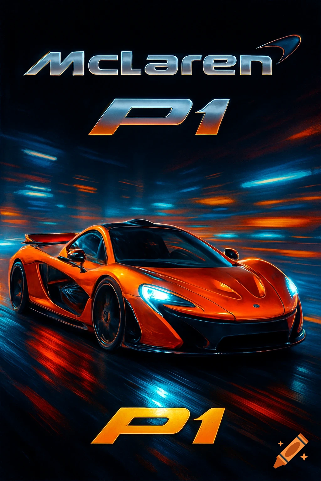 An orange McLaren P1 sports car races on a dark road with speed streaks, featuring 'McLaren P1' text at the top.