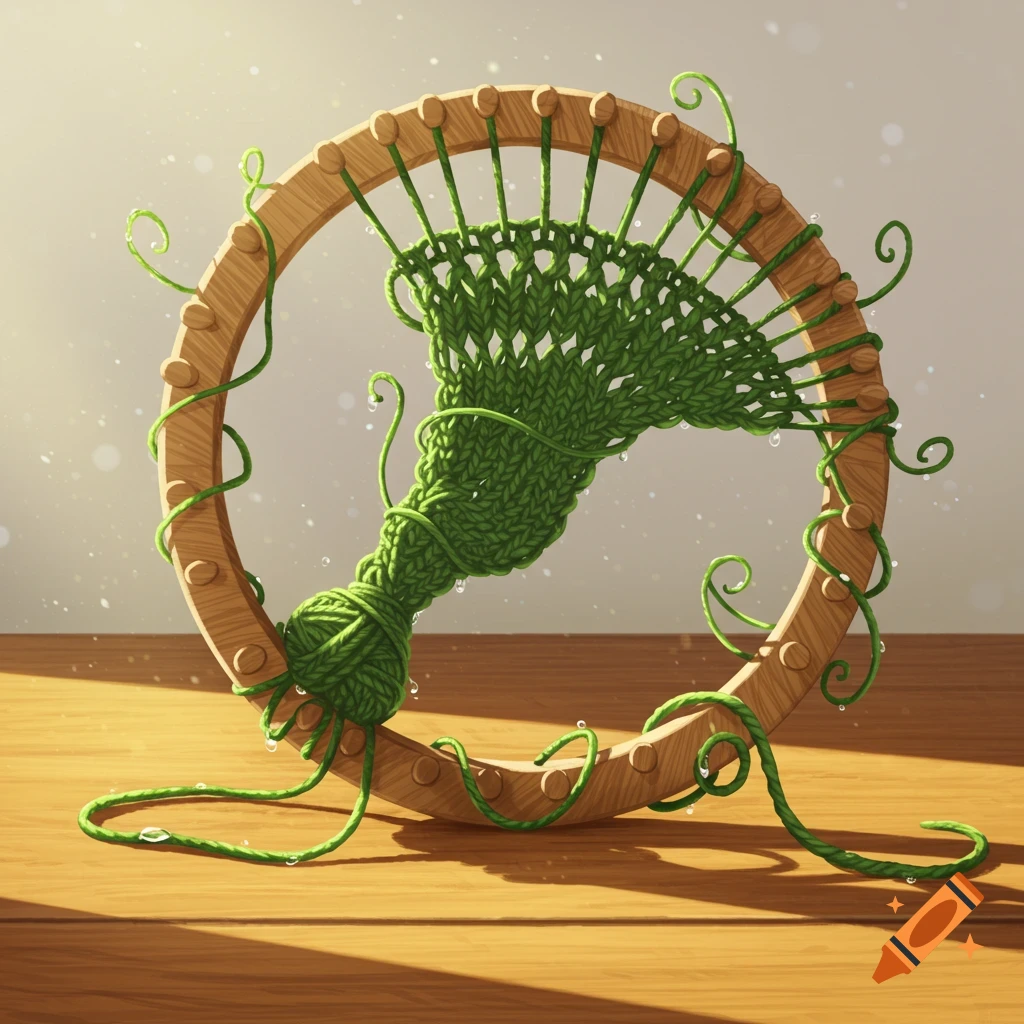 A circular knitting loom with green yarn winding around pegs, transforming into a leafy vine, on a wooden surface.