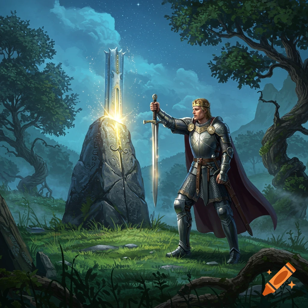 King Arthur, a knight in shining armor and crown, pulls a glowing sword from a magical stone in a moonlit fantasy forest.