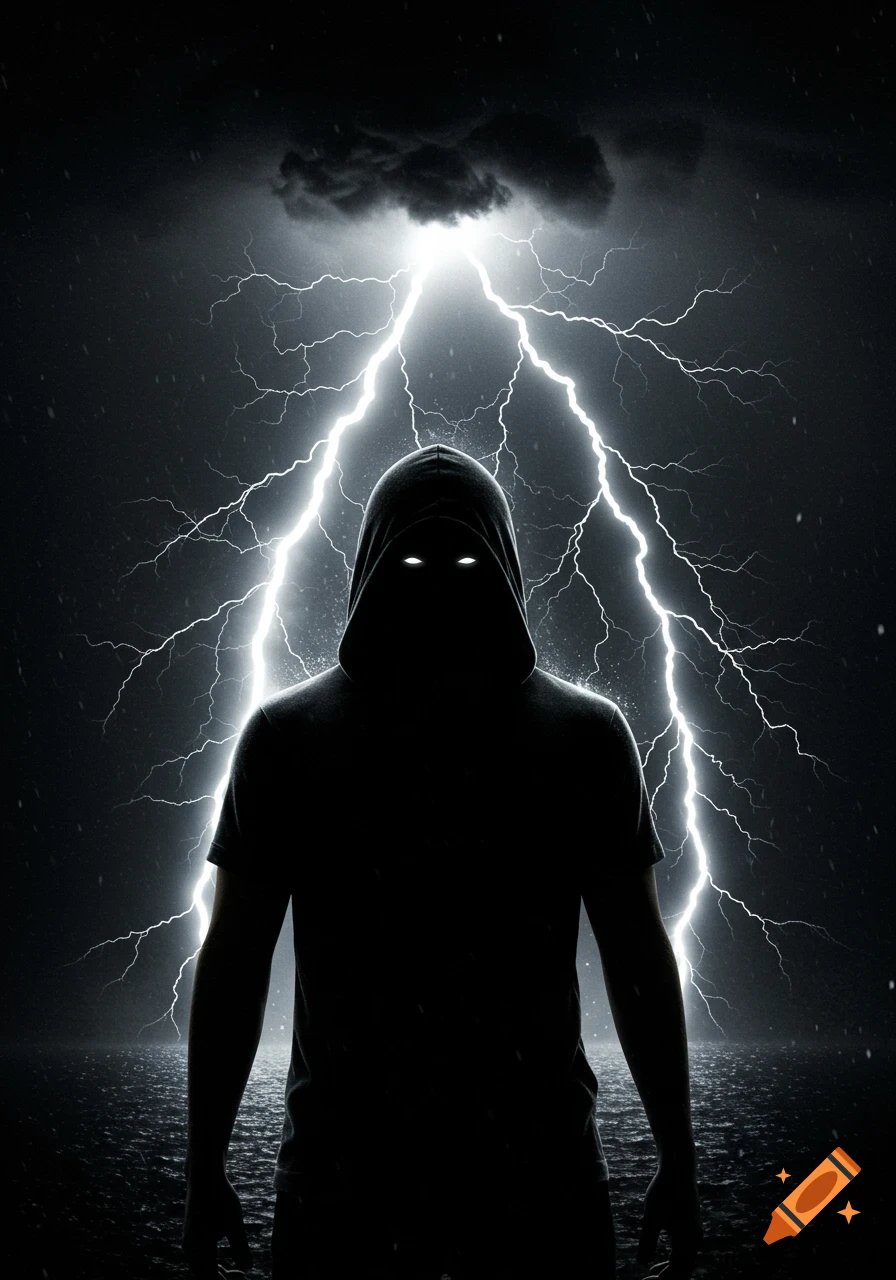A dark hooded figure with glowing eyes stands against a dramatic backdrop of bright lightning and a stormy sky over water.