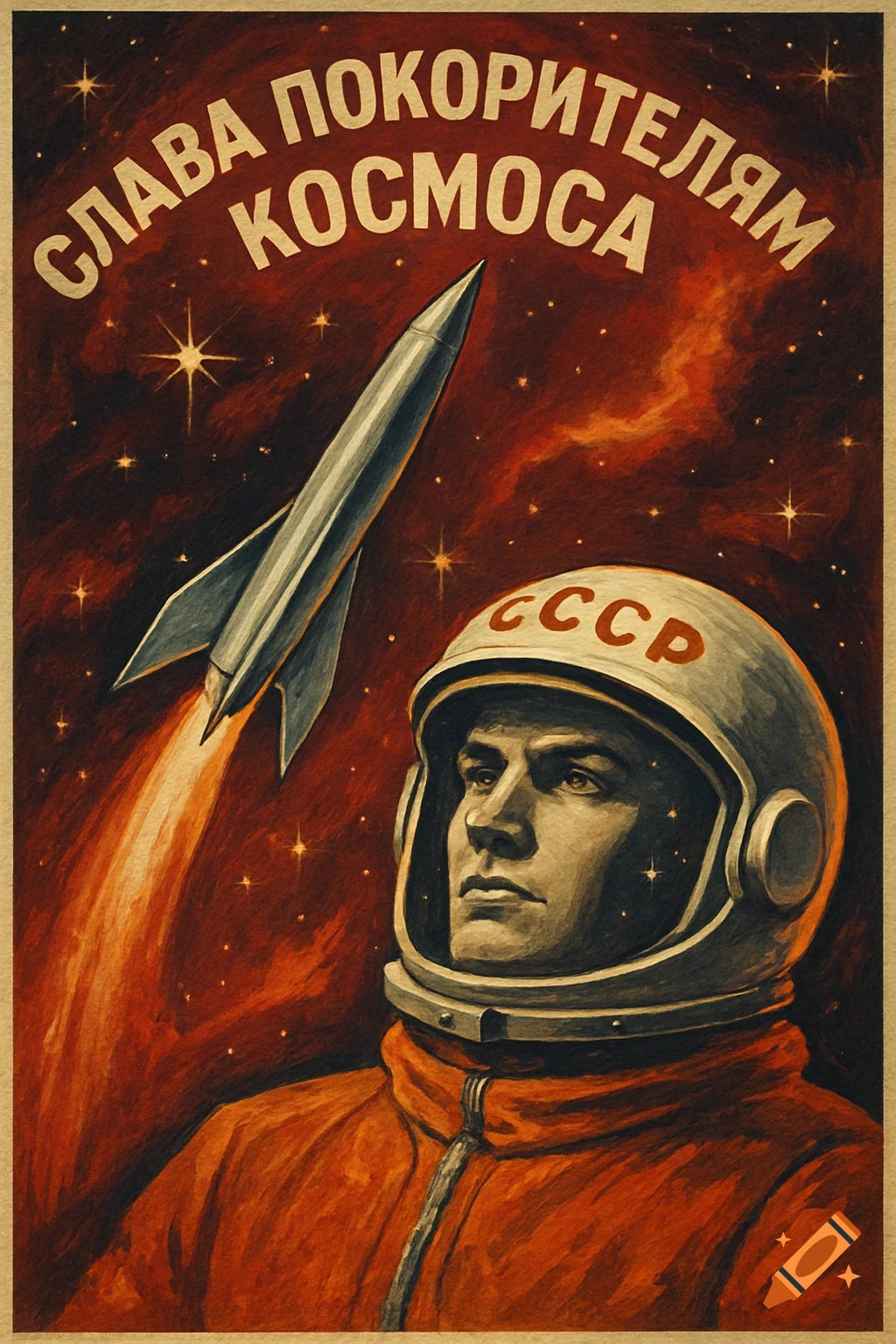 Vintage Soviet poster: cosmonaut gazes at a rocket launch in a red starry sky. Russian text reads 'Glory to Space Conquerors' and 'USSR'.
