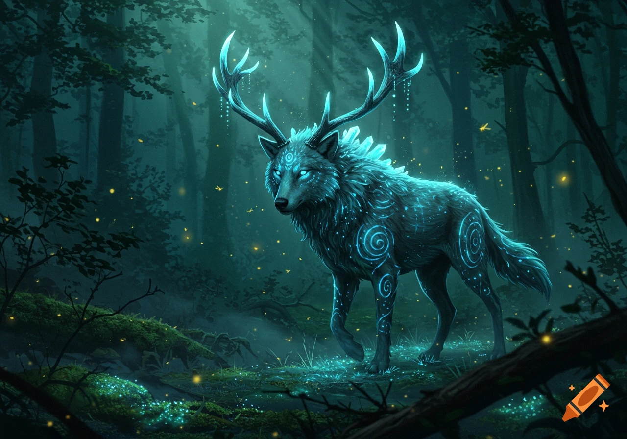 A glowing blue wolf-like creature with deer antlers walks through a dark, mystical forest illuminated by fireflies, digital art.