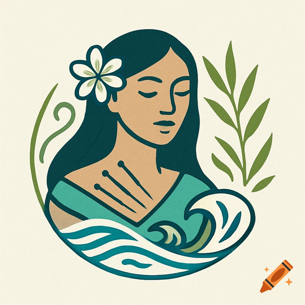 Stylized logo of a serene island girl with a flower, waves, and acupuncture needles.