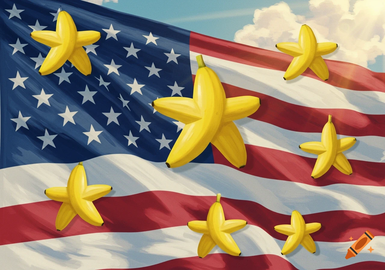 Illustrative American flag with yellow bananas replacing the white stars against a blue sky with clouds.