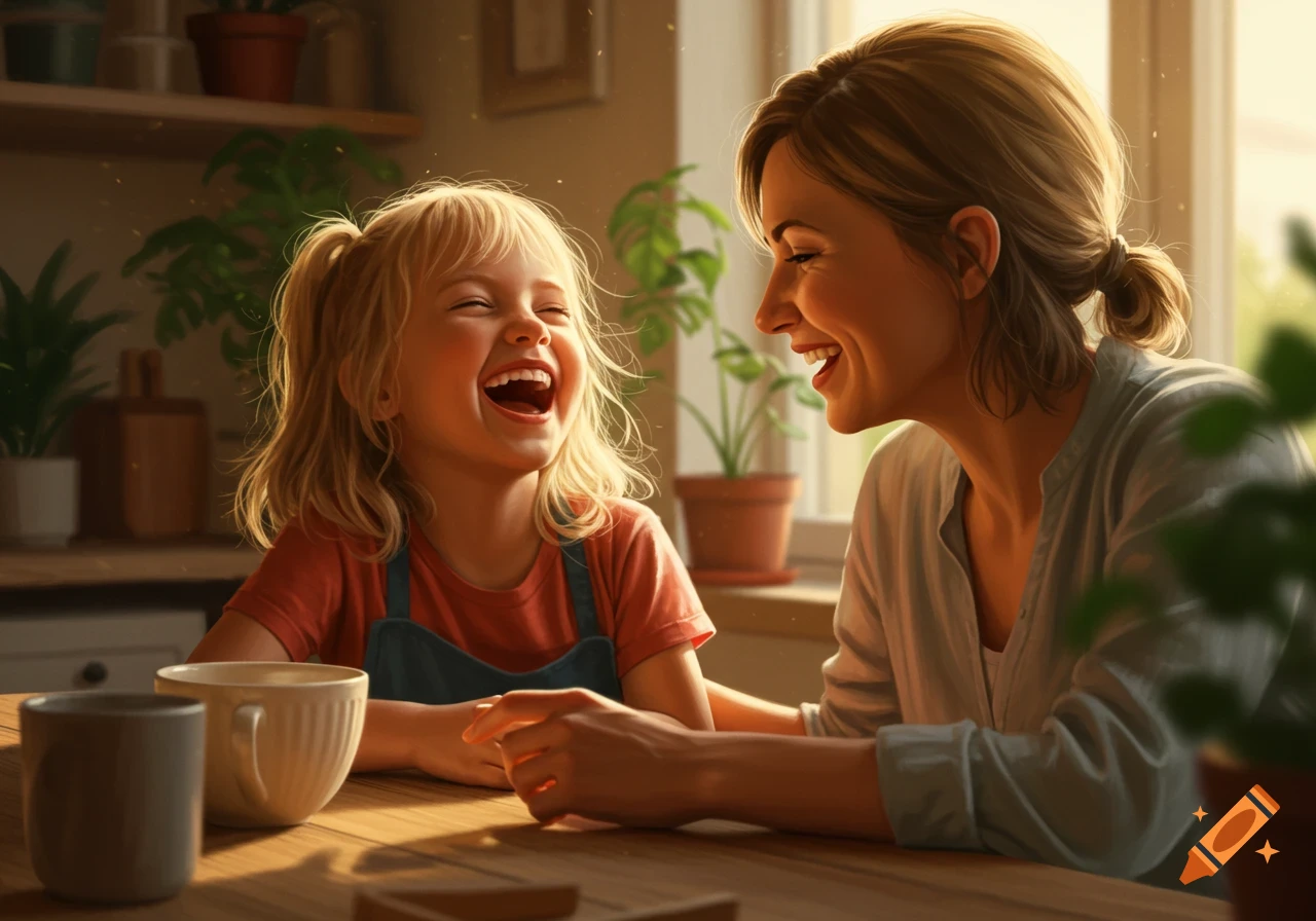 Photorealistic image of a mother and daughter laughing happily at a table in a sunlit room.