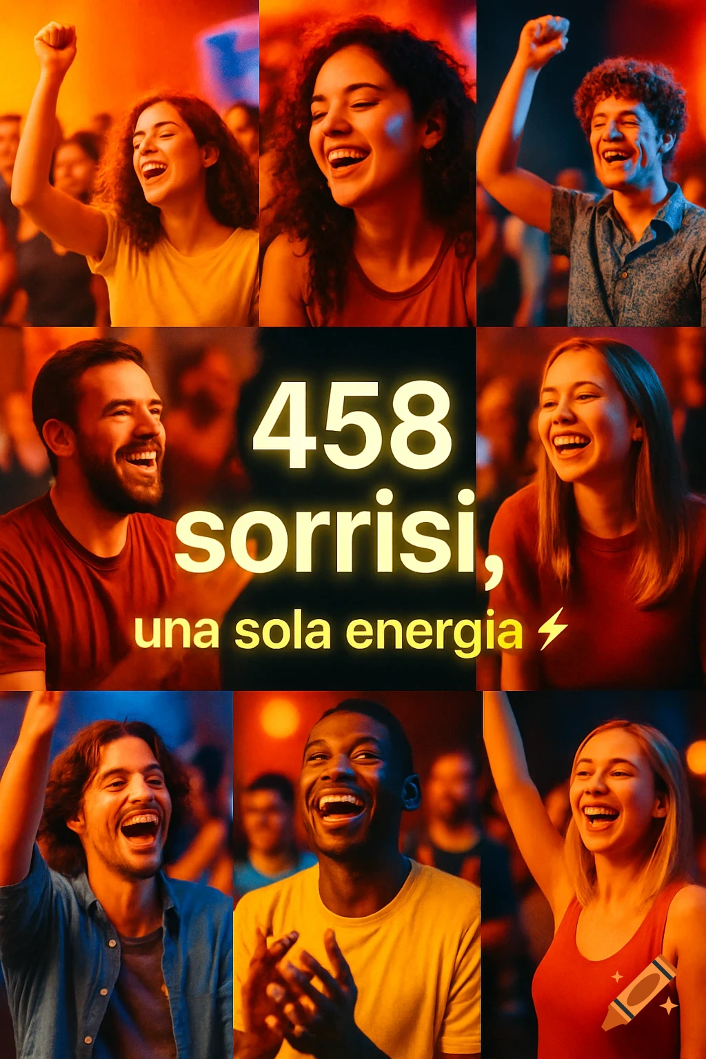A vibrant collage featuring nine diverse people smiling and cheering at an event. The text '458 sorrisi, una sola energia "," is centered.