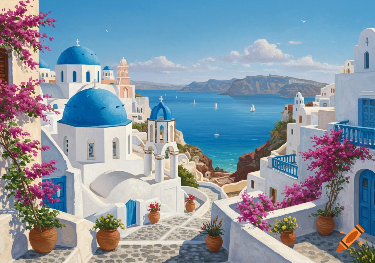 Painterly view of white Greek buildings with blue domes and pink bougainvillea overlooking the Aegean Sea with sailboats.