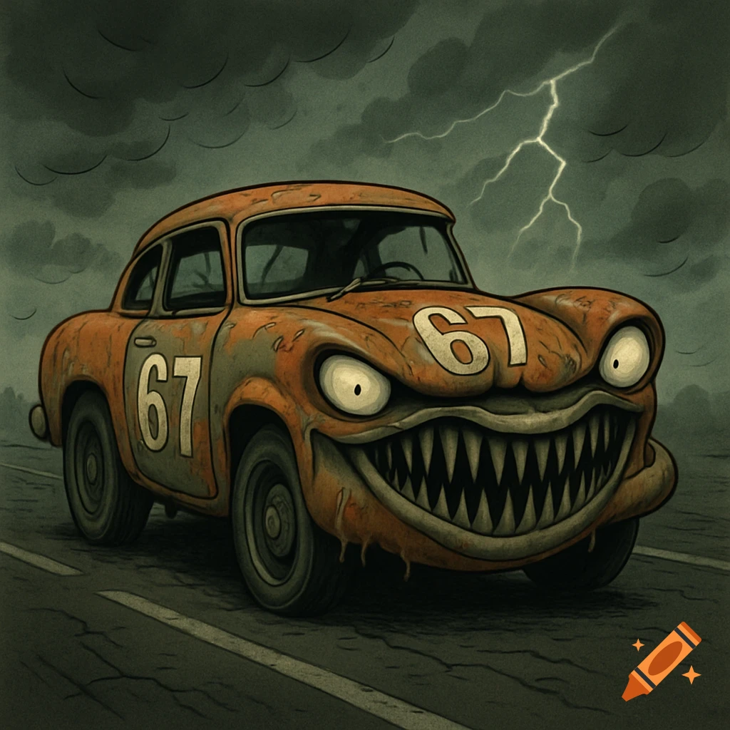 A rusty orange monster car with glowing eyes and a sharp-toothed grin, marked '67', under a stormy sky with lightning. Cartoon style.