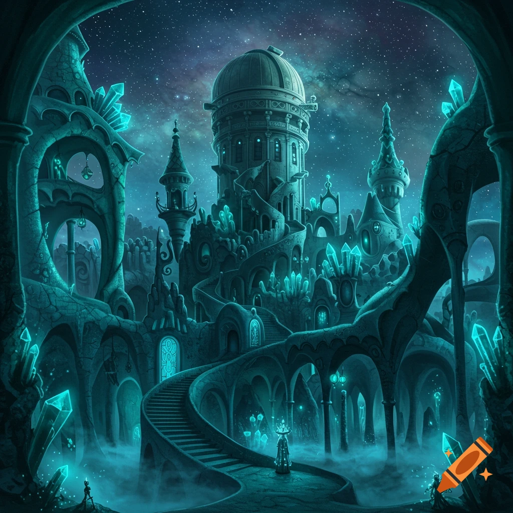 A fantastical, Escher-esque castle with a domed observatory and glowing cyan crystals under a starry sky.