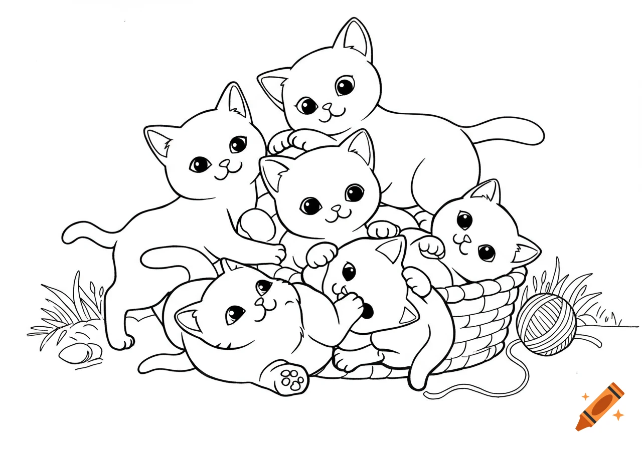 Black and white line art coloring page showing several cute kittens playing in grass with a basket and a ball of yarn.