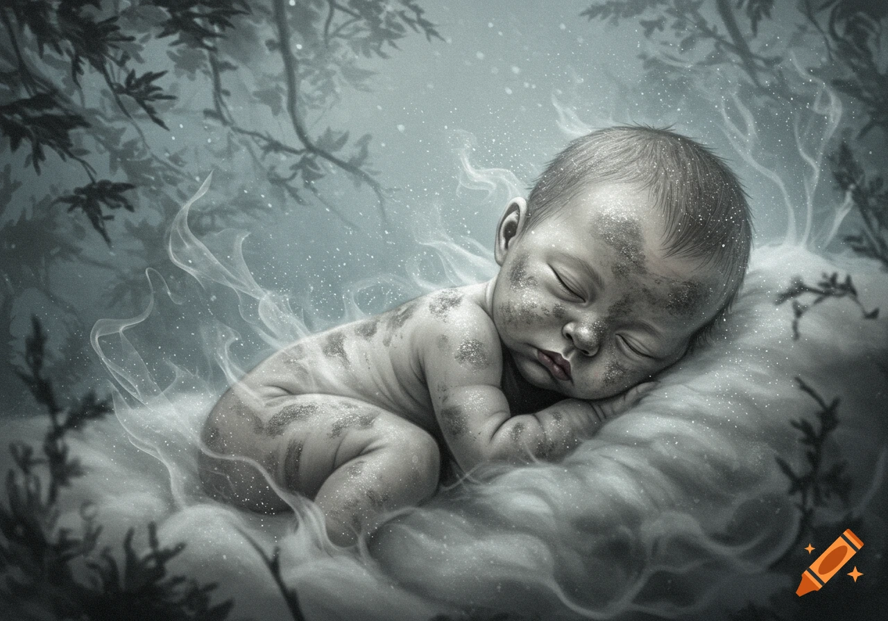 A sleeping baby covered in dark, ash-like particles, surrounded by wisps of smoke and shadowy foliage in a mystical setting.