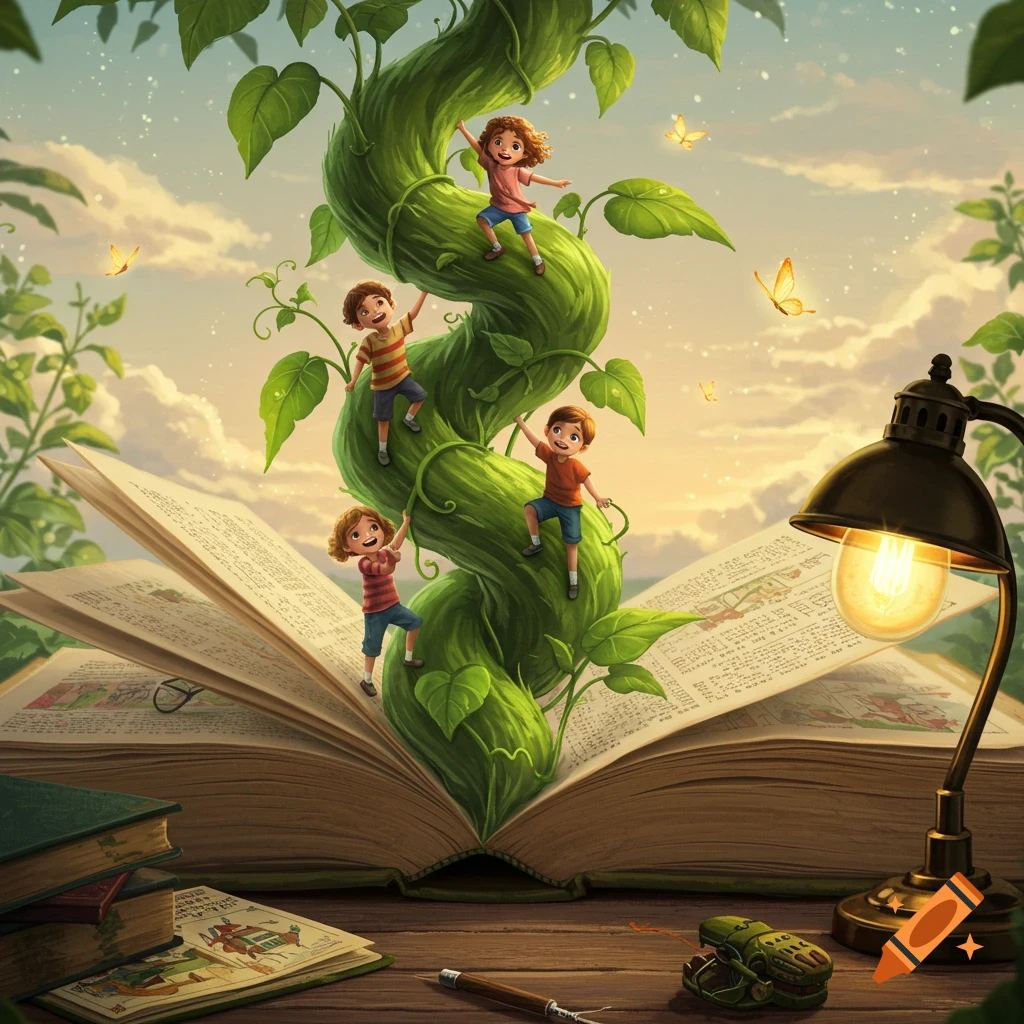 Four cartoonish children climb a winding green beanstalk that grows out of a large open book on a wooden desk.