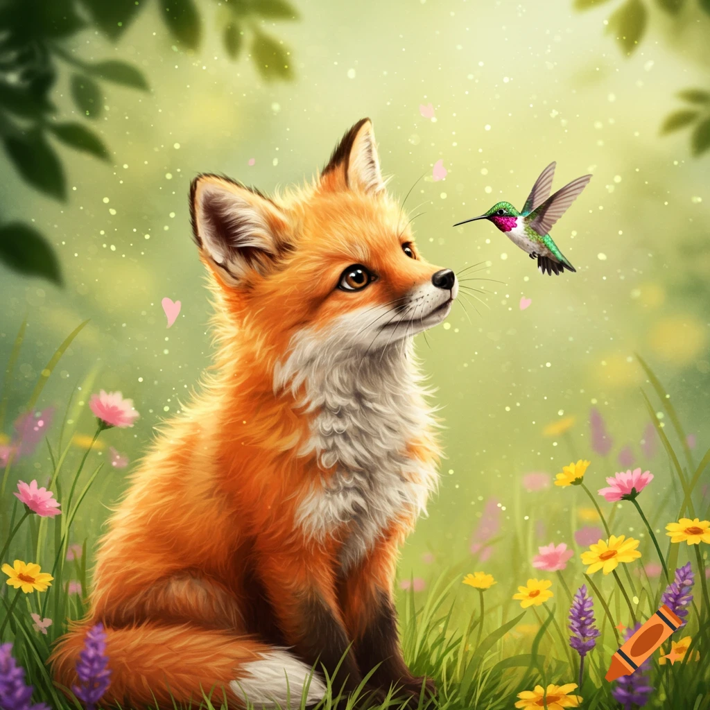 A cute fox sits in a flower-filled forest, looking up at a hummingbird, stylized digital art.