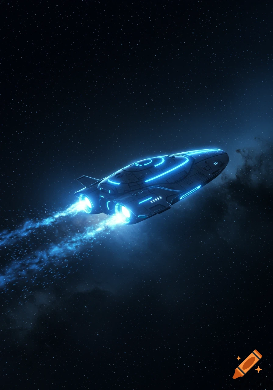 A sleek, dark spaceship with glowing blue lines and exhaust trails flies through a starry dark blue space.