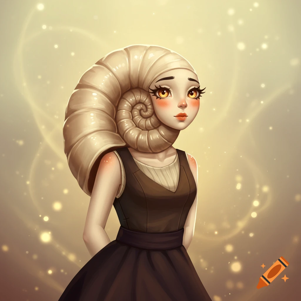 A stylized fantasy portrait of a character with a large beige ammonite shell for hair, orange blush, and a dark brown dress over a light top, against a warm glowing background.