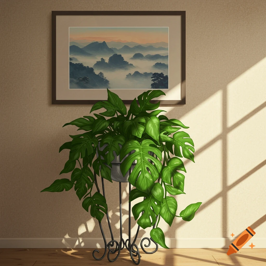 A vibrant Monstera plant on a decorative metal stand, below a framed painting of misty mountains on a beige wall with strong window shadows.