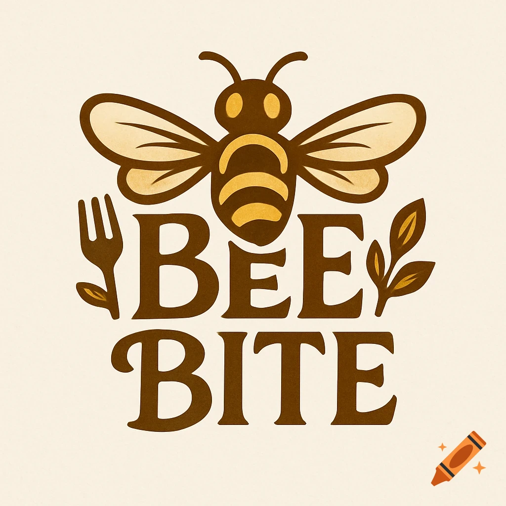 A brown and yellow logo featuring a stylized bee above the bold text "BEE BITE" with a fork and leaves on the sides, all on a cream background.