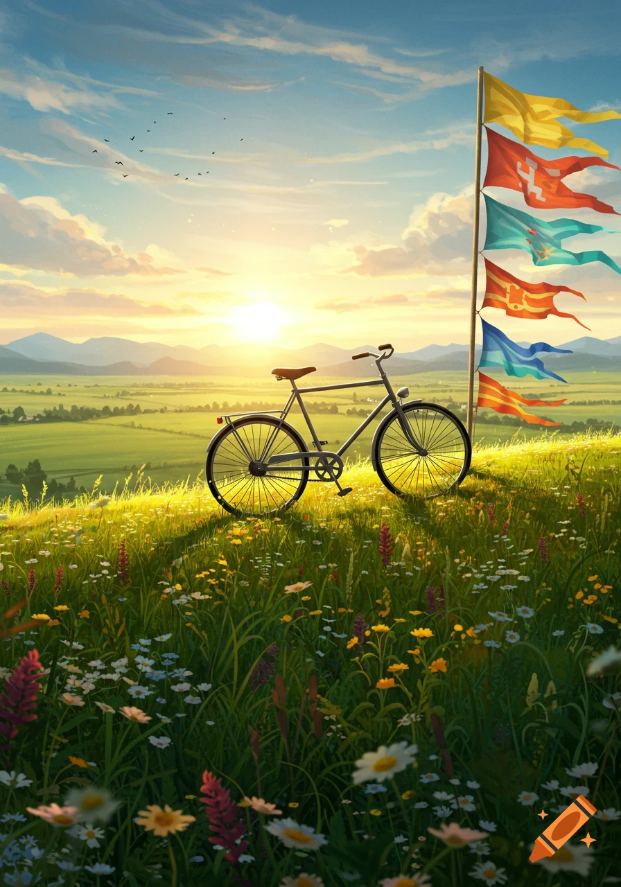 A digital art image of a bicycle and colorful flags on a wildflower-covered hill overlooking a valley at sunset.