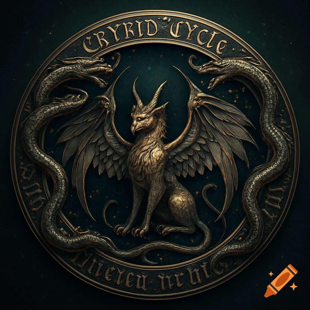 An ornate bronze emblem with a winged, horned griffin-like creature at the center, flanked by two coiled snakes. Text is inscribed along the top and bottom edges of the circular border.