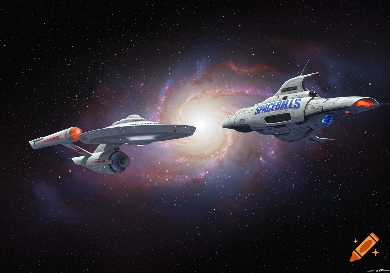 A Star Trek ship and a Spaceballs ship face each other in deep space with a spiral galaxy.