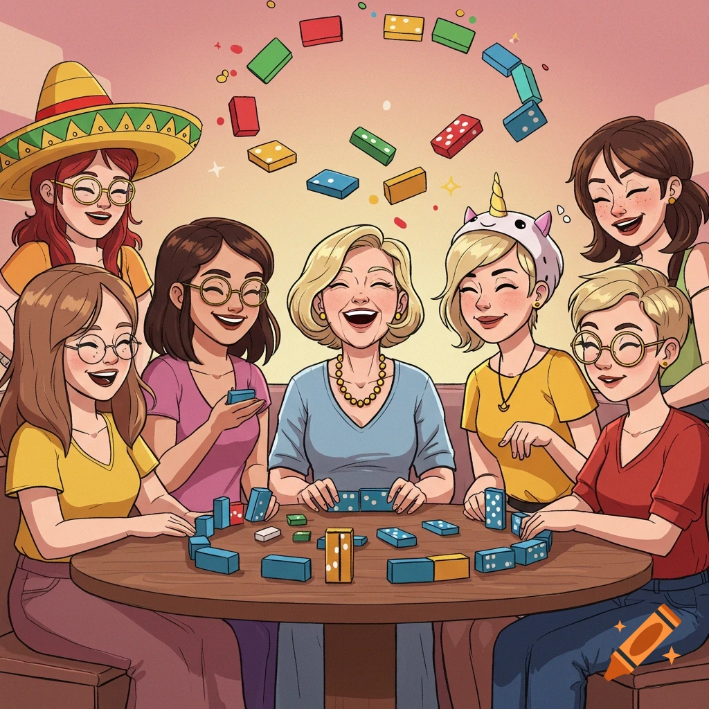 A cartoon illustration of six happy women playing Mexican train dominoes around a wooden table, with colorful dominoes floating in the air above them.