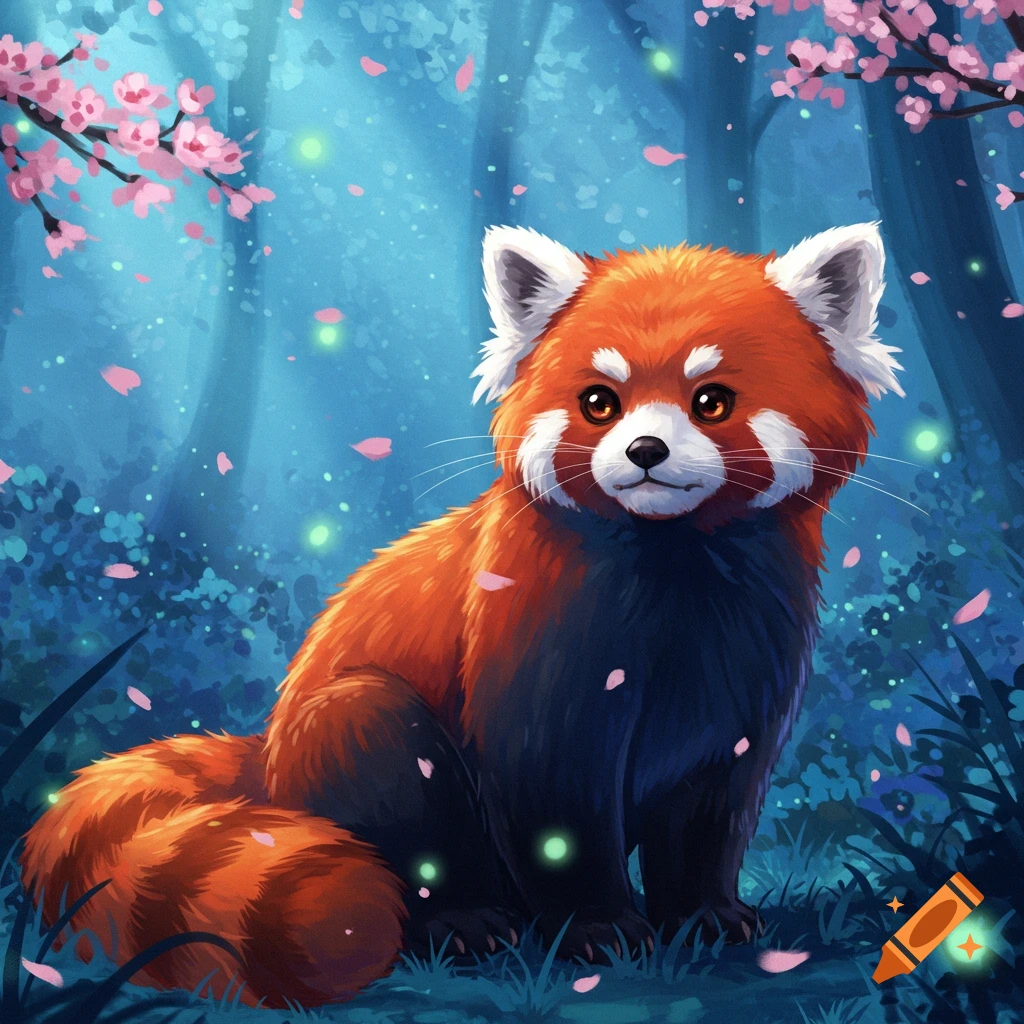 A cute anime-style red panda sits in a magical blue-toned forest with glowing lights and falling pink cherry blossom petals.