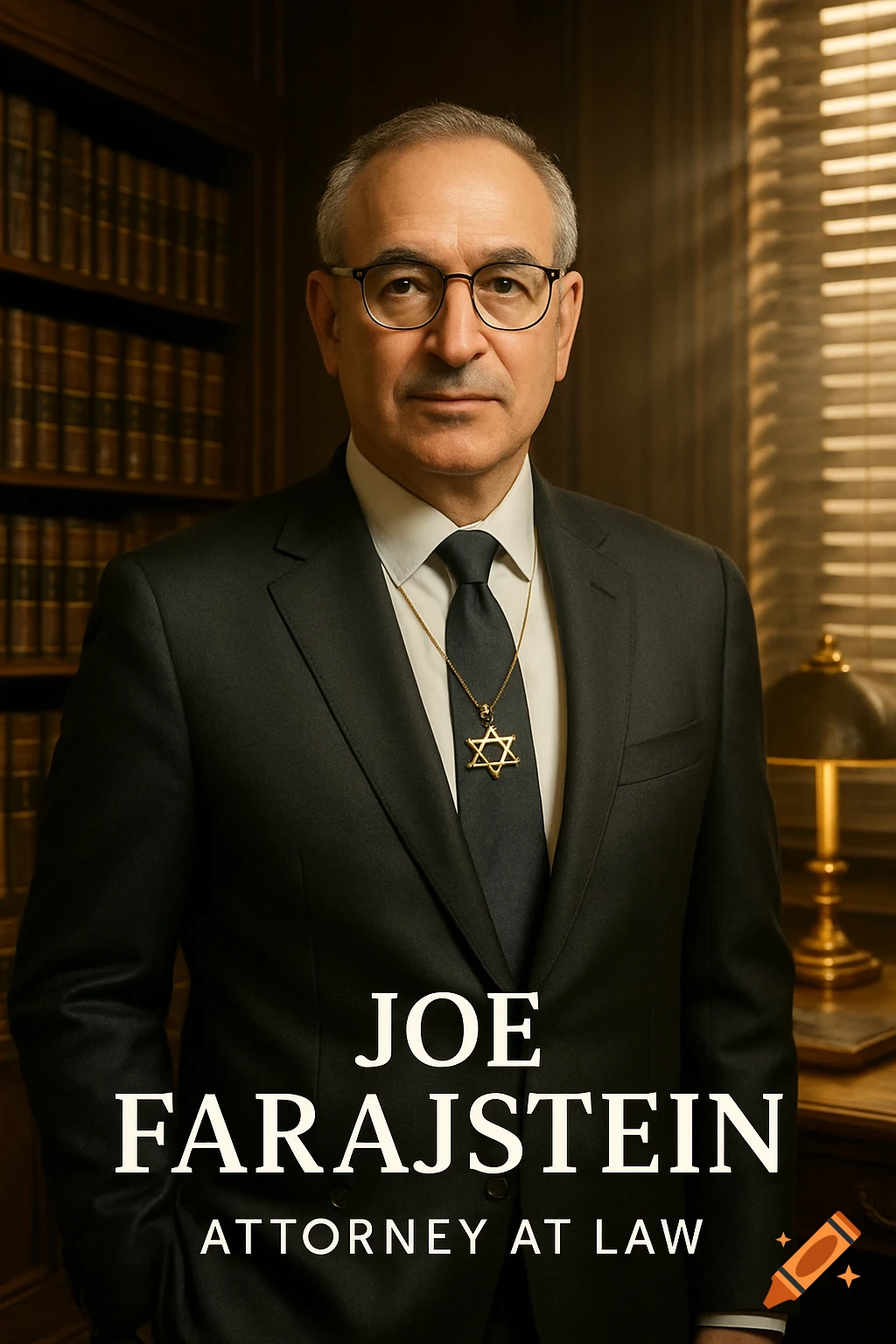 A man in a suit and glasses with a Star of David necklace stands in an office. Text reads 'JOE FARAJSTEIN ATTORNEY AT LAW'.