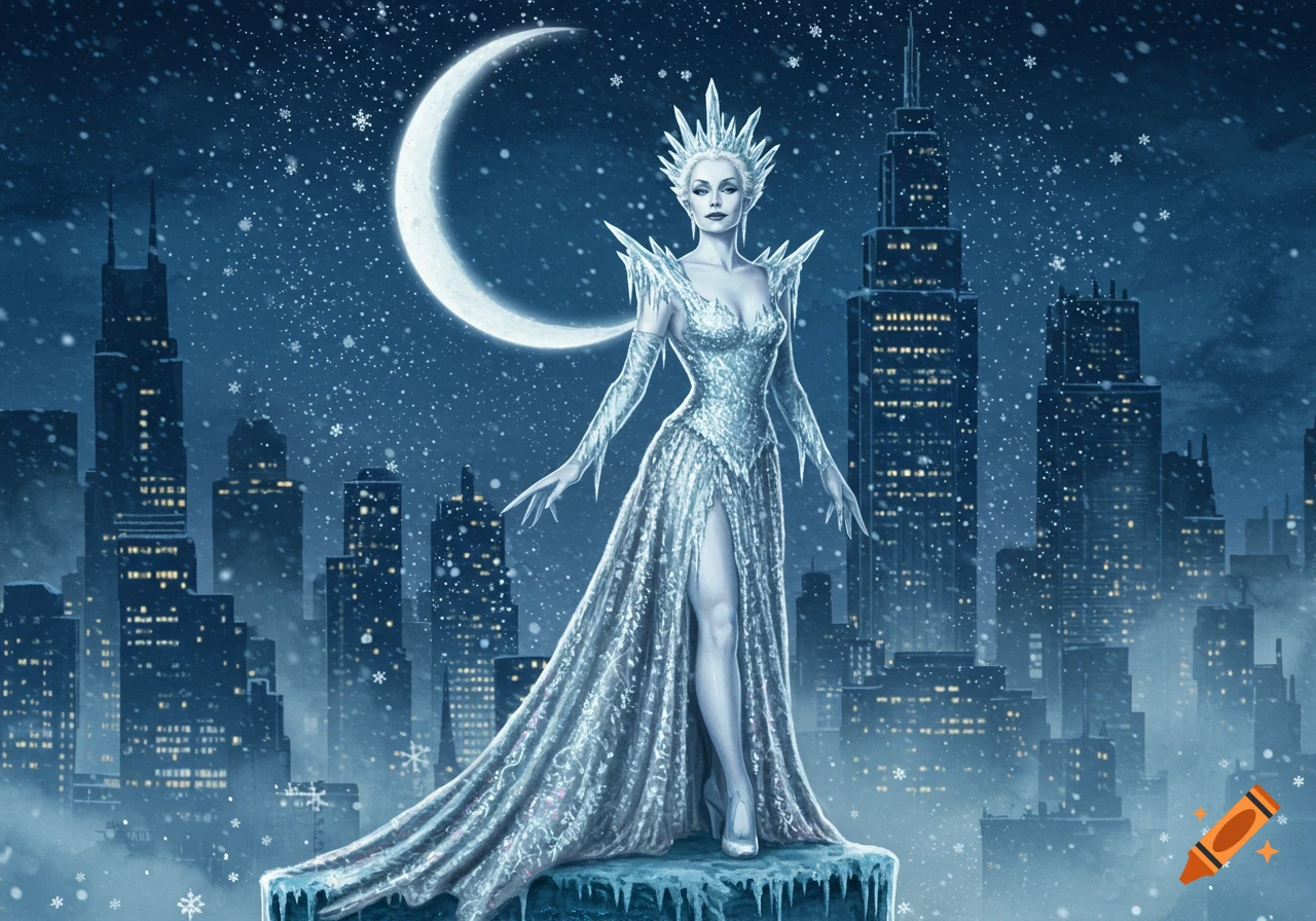 An elegant Ice Princess in a shimmering gown and ice crown stands on an icy platform above a snowy city at night, under a crescent moon.