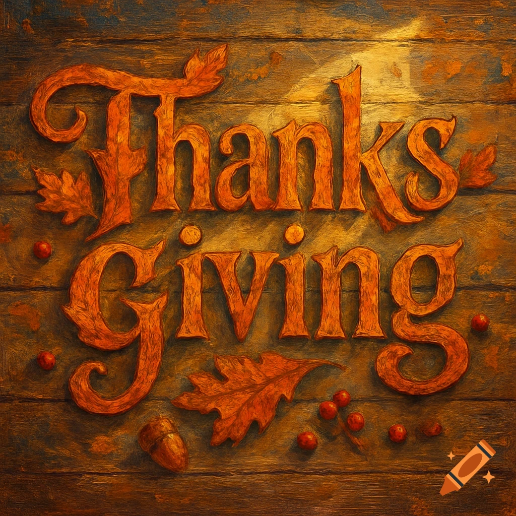 Textured 'Thanks Giving' lettering on a wooden background with autumn leaves and berries, in a painterly style.