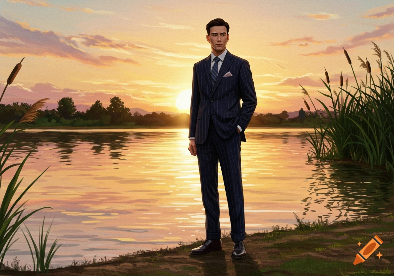An illustrated man in a dark pinstripe suit stands by a lake with reeds at sunset.