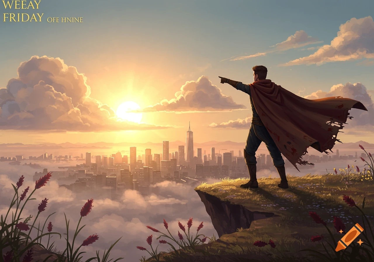 Digital art of a hero in a tattered cape on a cliff, pointing at a city shrouded in clouds during a golden sunrise.