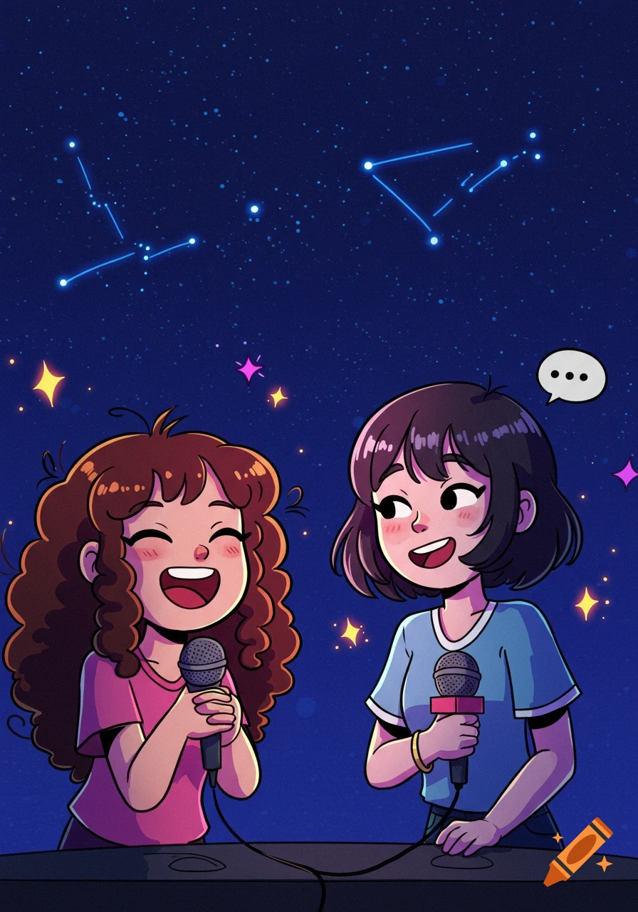 Two happy cartoon girls with microphones sing under a dark blue starry night sky with constellations.