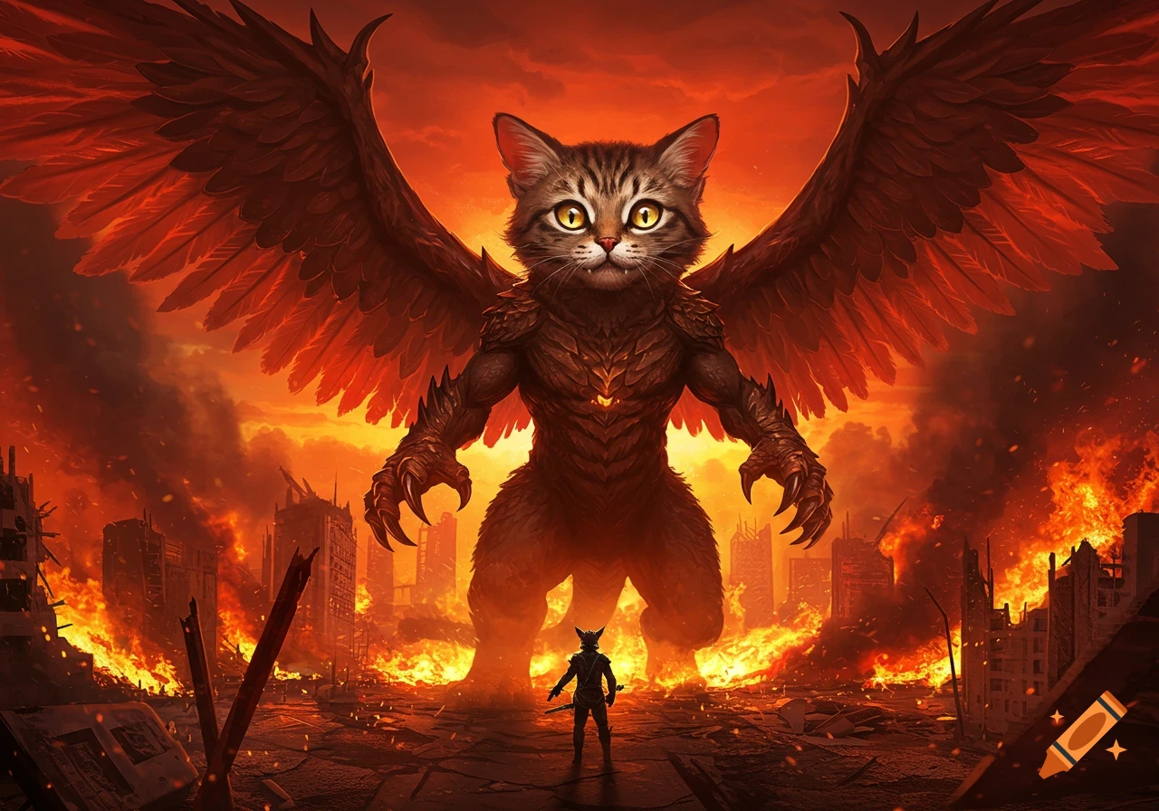 A gigantic winged monster with a cat's face stands over a small person in a burning, ruined city, digital art.