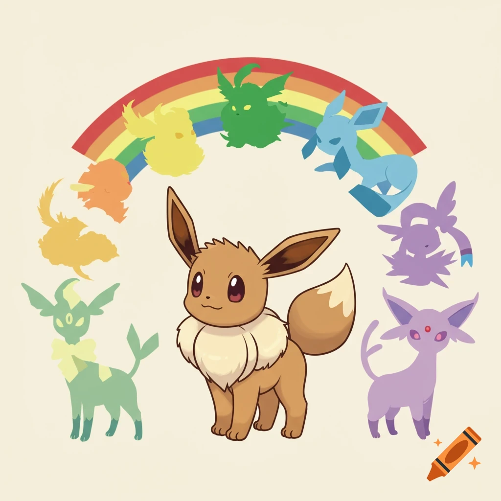 Eevee stands centrally, surrounded by its eight evolutions as colorful silhouettes within a rainbow arc in a simple, graphic style.