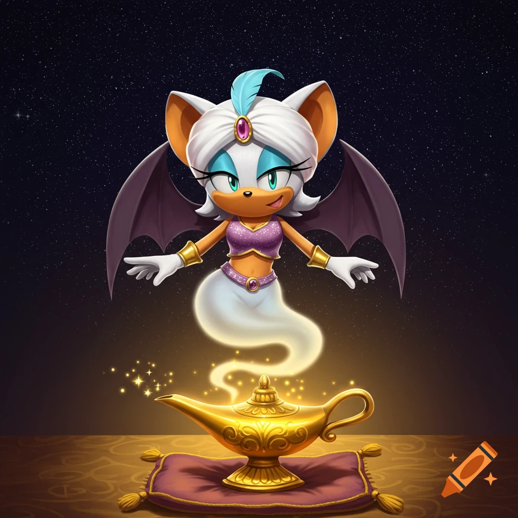 Rouge the Bat as a genie, wearing a turban and vest, floats over a golden lamp on a cushion under a starry sky.