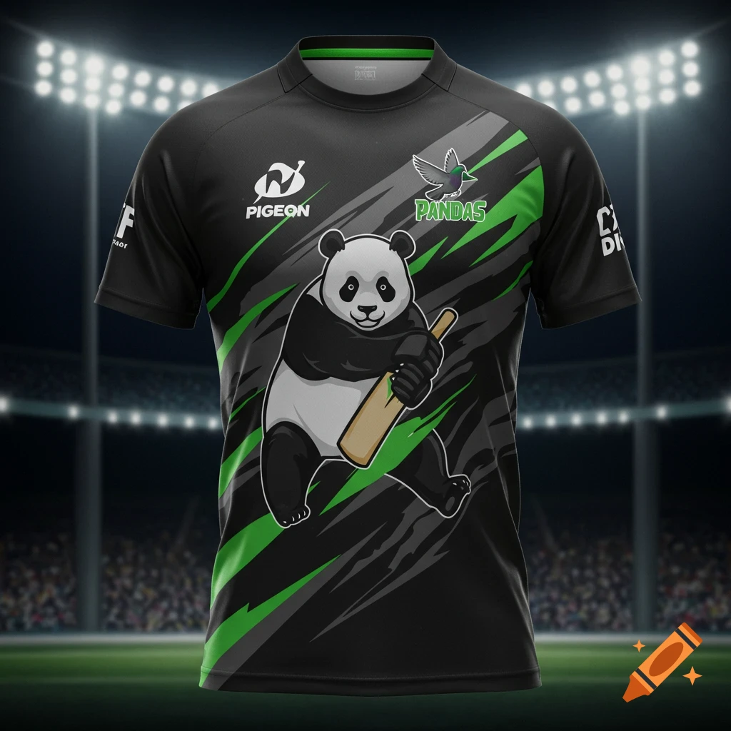 A black and green cricket jersey featuring a cartoon panda holding a bat, with 'PIGEON' and 'PANDAS' logos. The jersey is set against a blurred cricket stadium background.