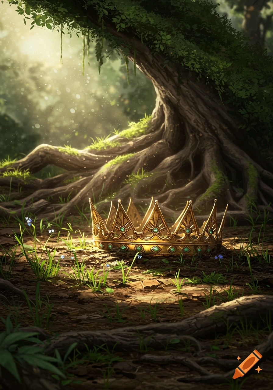 A golden crown adorned with green jewels rests on a forest floor amidst tree roots and grass, illuminated by sunlight.