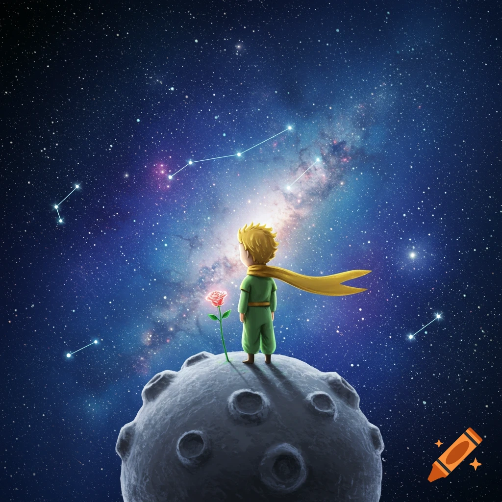 Illustration of The Little Prince on a cratered moon with a red rose, looking up at a vibrant star-filled galaxy and constellations.